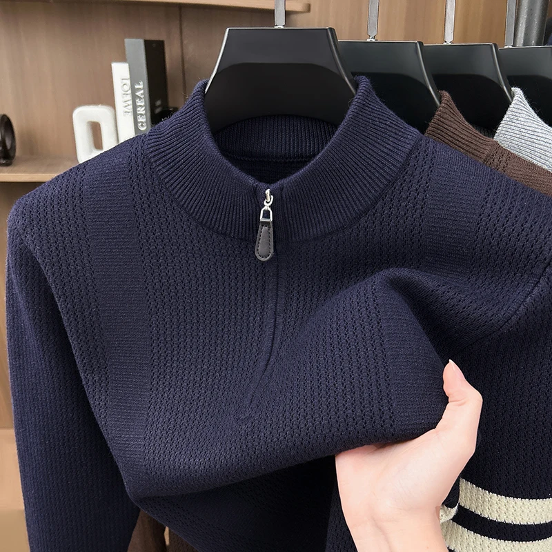 High Quality zipper collar Sweater Men New trendy personalized striped jacquard autumn winter comfortable warm knitted pullover