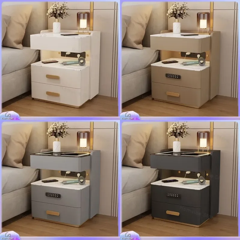 Smart Bedside Table with LED Light and Socket Modern Luxury Rock Slab Nightstand Multifunctional Storage Cabinet for Bedroom