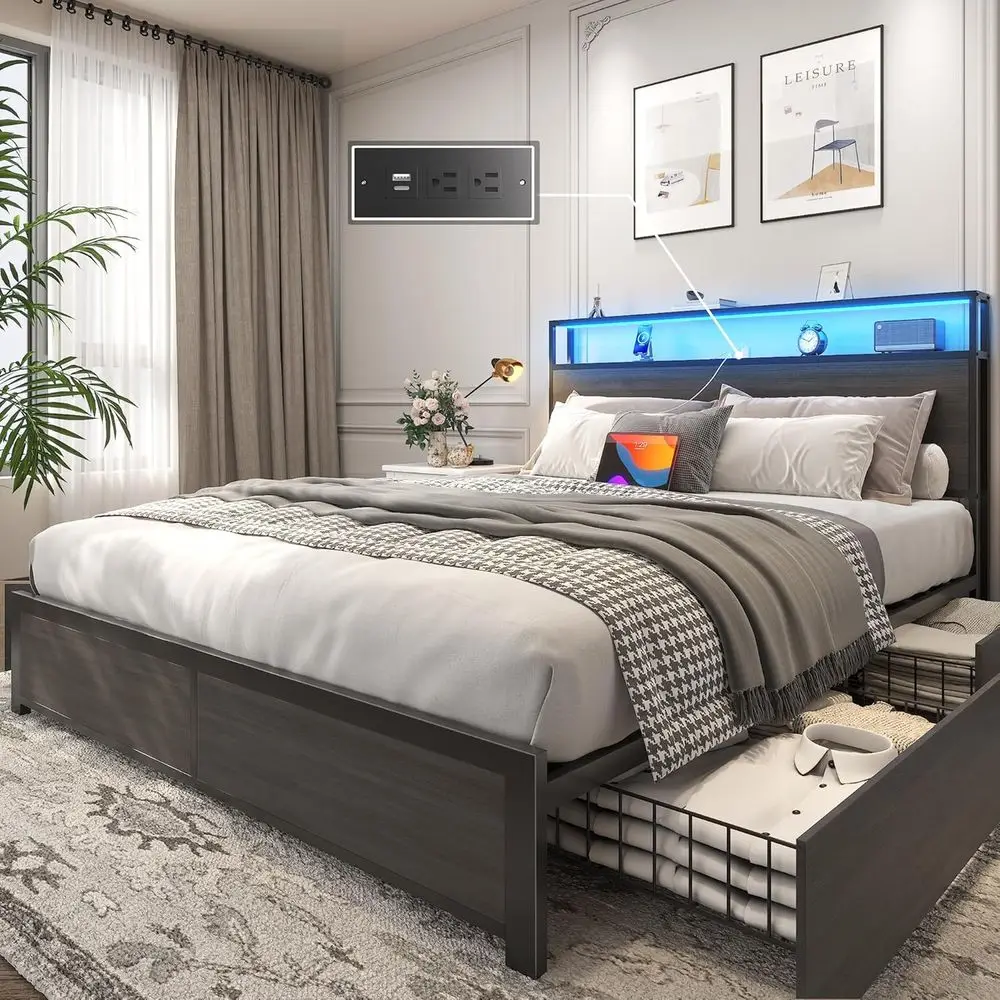 Rustic Grey Metal Platform Bed Frame with 2-Tier Headboard Storage, 4 Drawers, Charging Station & LED, No Box Spring Customized