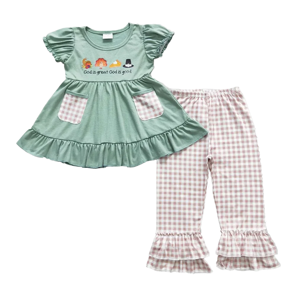 

Girls Thanksgiving Costume 'God Is Great God Is Good' Turkey Tunic Pants Outfit for Kids' Holiday Wear