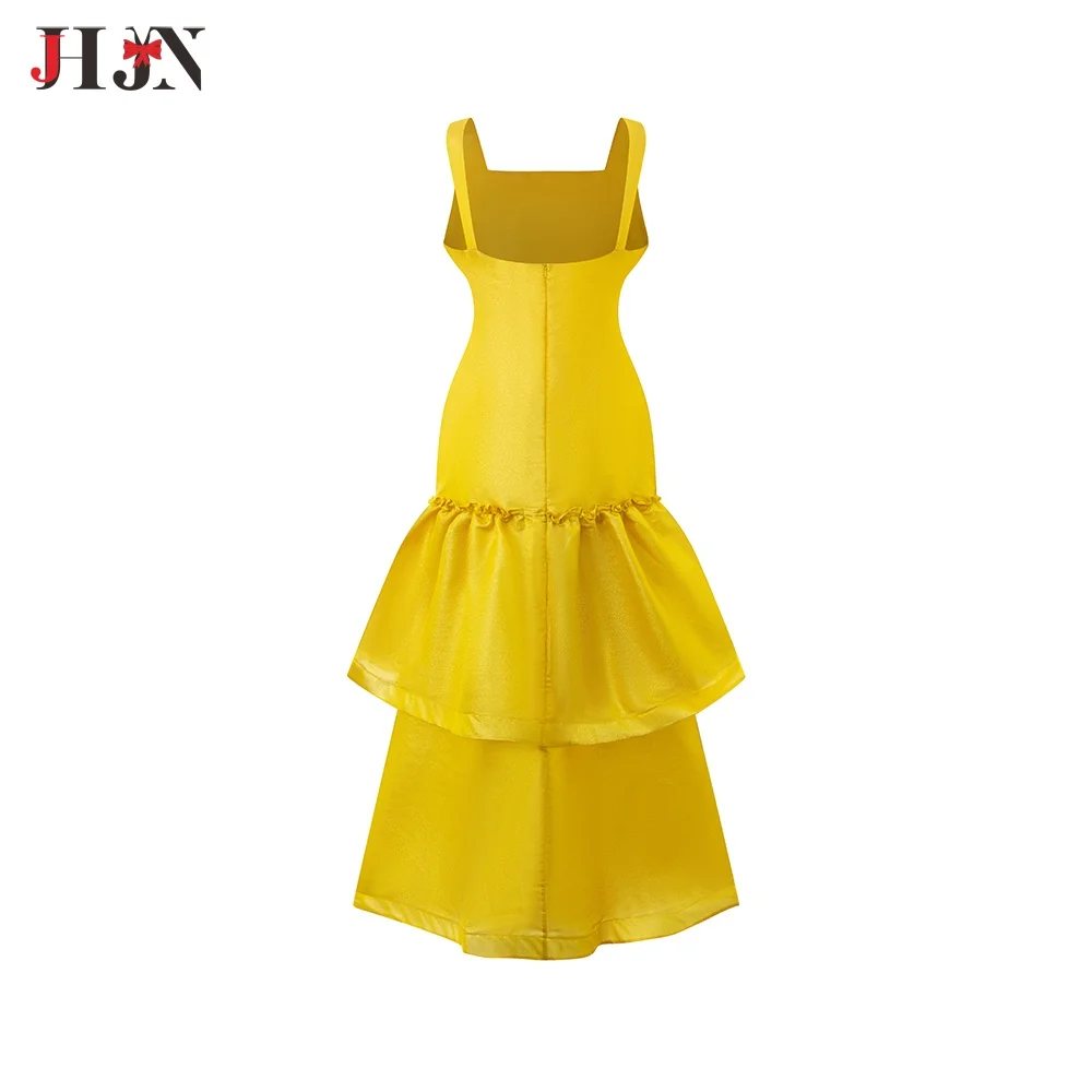 Luxo espumante babados em camadas amarelo vestido longo chique sem costas bodycon casamento estilingue robes feminino elegante festa clube vestidos