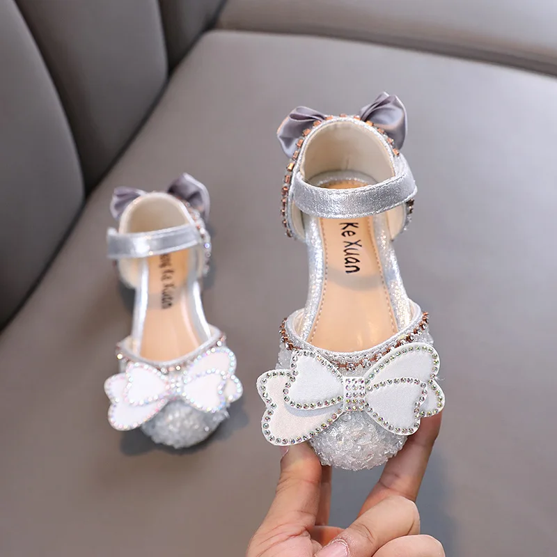 Little Girl Rhinestone Bow Sandals Fashion Kids Cute Pearl Princess Dance Single Shoes Children\'s Party Wedding Sandals J46