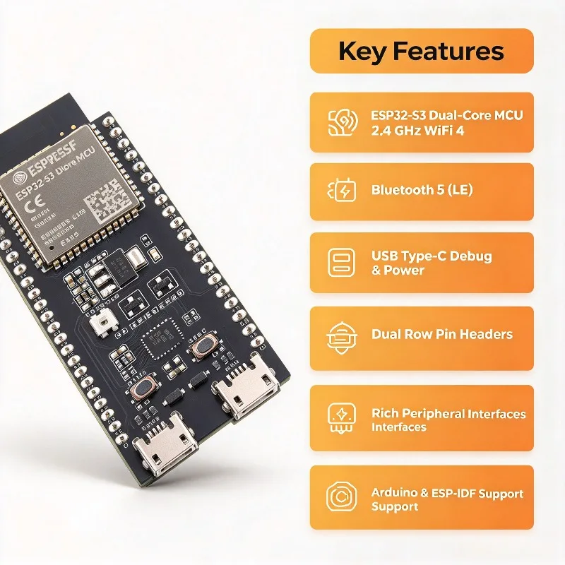 ESP32-S3-DevKitC-1, ESP32-S3 Dual-Core Development Board, 2.4GHz WiFi Bluetooth, USB Type-C, AIoT & IoT Prototyping Board
