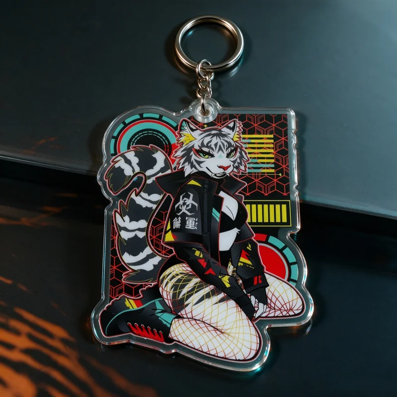 Cyber Tiger Furry Acrylic Keychain Cyberpunk Techwear Anthro Bag Charm Double Sided Printing Anime Pendant Gift For Anthro Fans