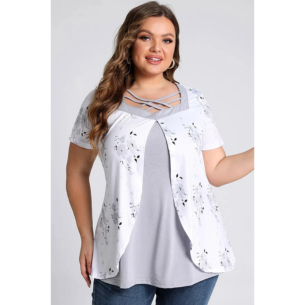 Plus Size Cross Strap Short Sleeve Floral Print Blouses White Tops