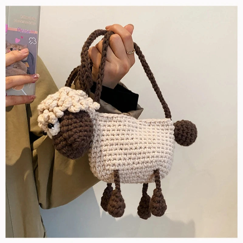 

Handmade Handbag for Women Shoulder Crossbody Bag Cute Knitted Cartoon Bag Young Girl Crochet Lamb Doll Mobile Phone Purse Bag