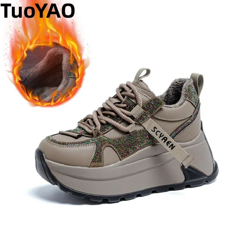 

8.5cm Chunky Sneakers Platform Heel Women Casual Shoes Genuine Leather Comfortable Walking Shoes Warm Fur Winter Shoes