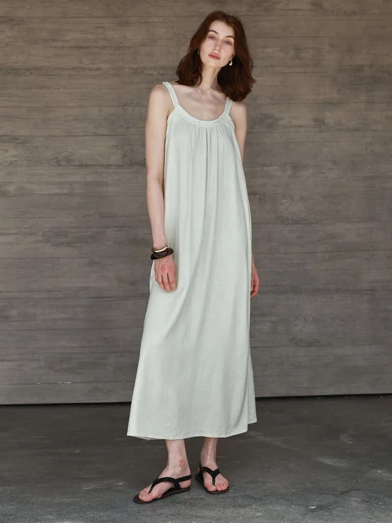 فستان طويل كتان عتيق للنساء صيفي مثير بدون أكمام جديد أسود بلون سادة فضفاض لقضاء العطلات على الشاطئ وحفلات الموضة رداء فيستدوس #6