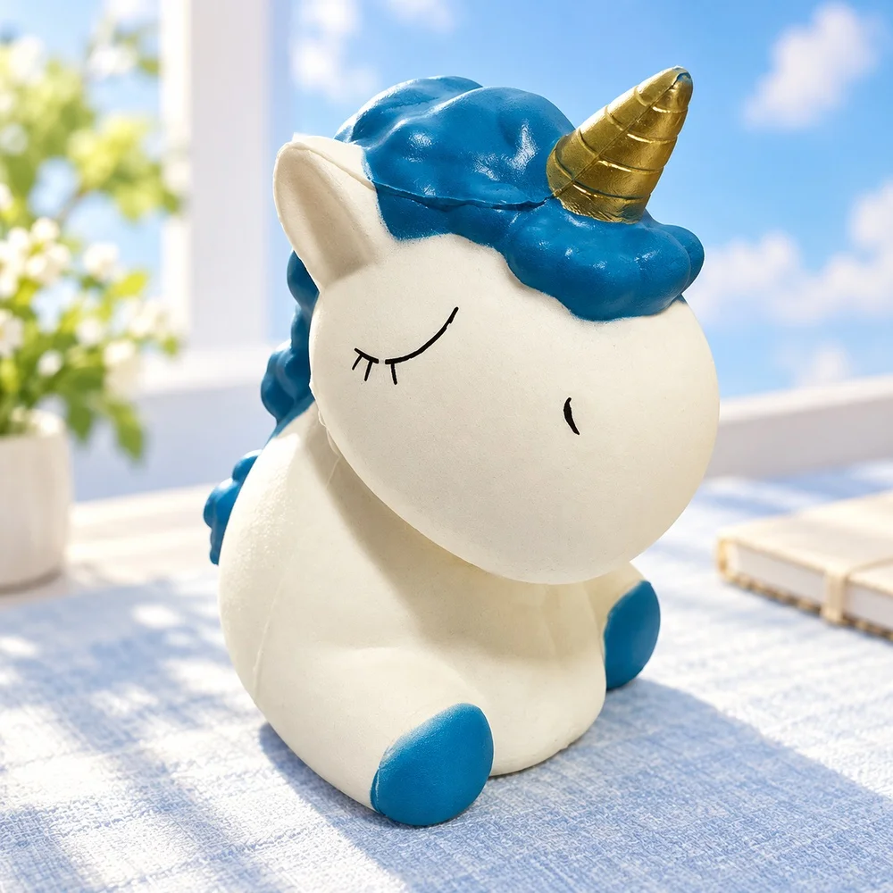 Unicorn Squishy Toy Soft PU Slow Rising Foam White Horse Blue Mane Gold Horn Squeeze Fidget Handheld Gift for Teens and Adults