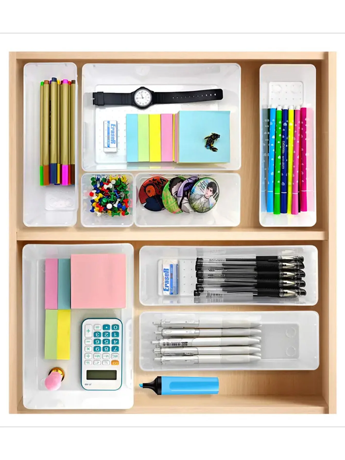 مجموعة صناديق تخزين للأدراج مكونة من 44 قطعة، ومجموعة تخزين بأدراج بلاستيكية شفافة متعددة الوظائف، وصندوق تخزين مقسم للأدراج والتخزين