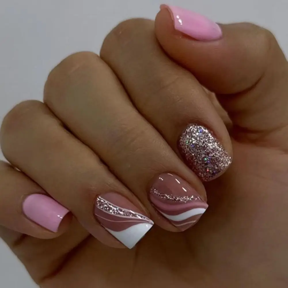 Franse Valse Nagels Mode Roze Wit Glanzende Nagel Tips Korte Ronde Afneembare Nep Nagels Voor Diy