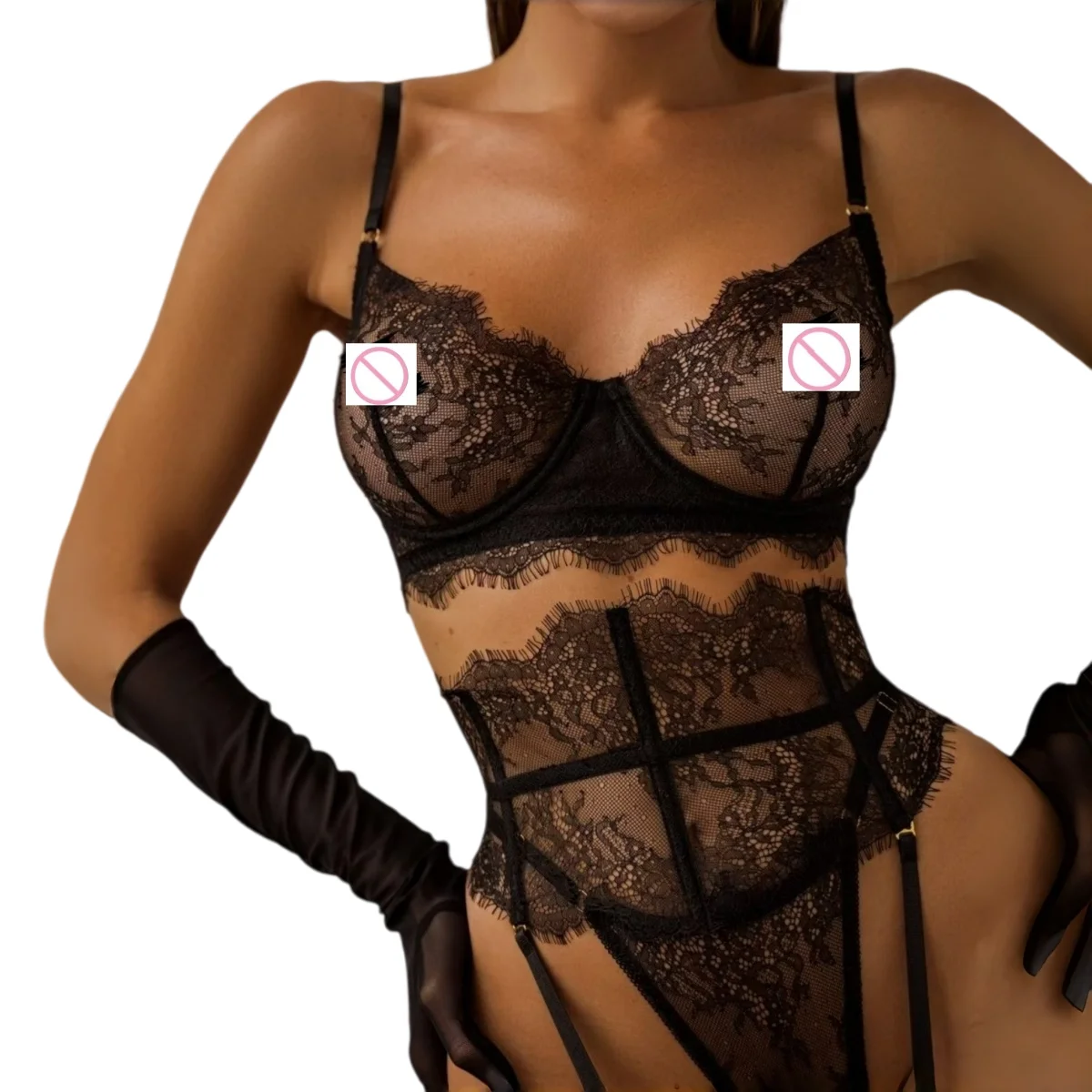 

New Eyelash Lace 5-Piece Lingerie Set for Women with Underwire Bra Waistband Garter Belt Leg Rings Gloves Sexy Comfortable