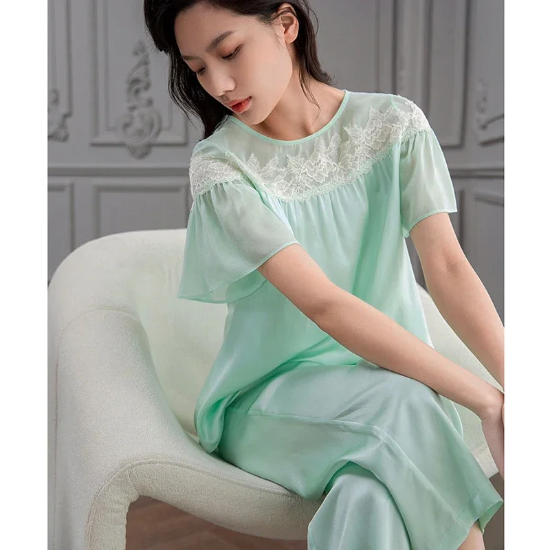 Jacquard 100% Mulberry Silk Christmas Tree & Pants Lace Pajama Set Short Sleeves Solid Women's Summer Loungewear Round Neck PJS