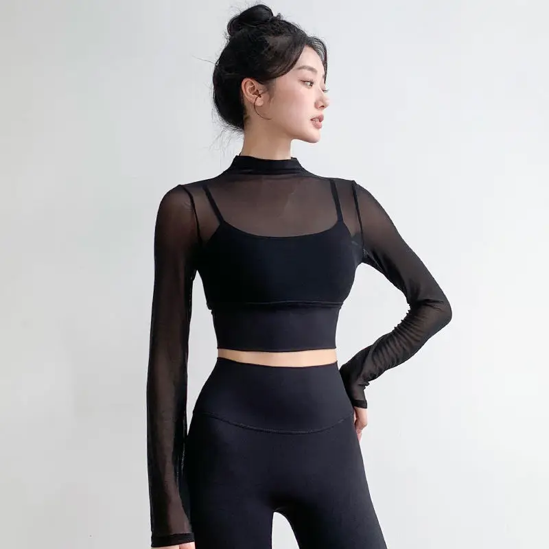 Slim Fit Long Sleeve Yoga T-Shirt Women's Fitness Sportswear Mesh Running Training Top with Chest Pad Short Length round Neck