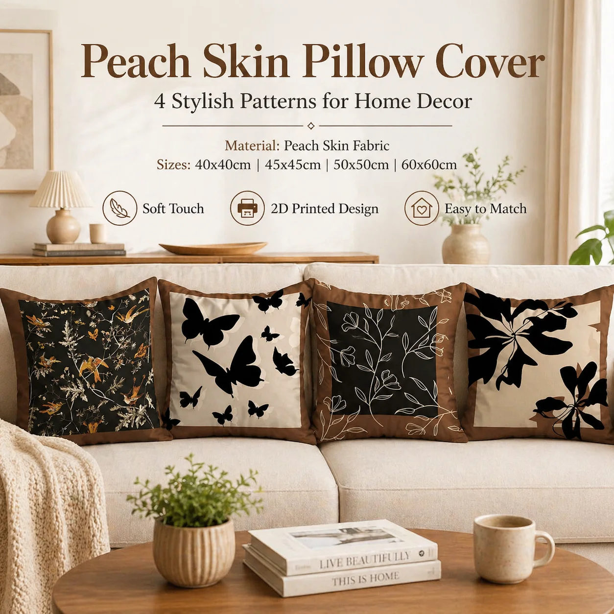 Capa de Almofada Elegante com Estampa 2D de Borboletas e Flores em Pele de Pêssego Macia para Sofá, Cama e Sala de Estar