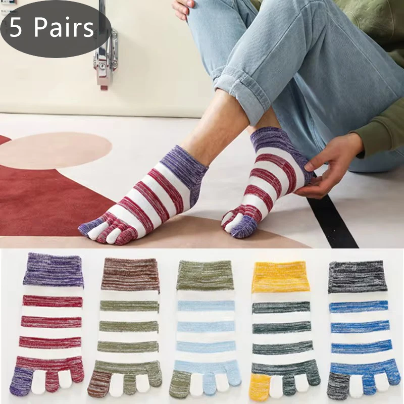 5 Pairs Man Boat Socks 5 Finger Cotton Striped Colorful Fashions Vintage Sweat-Absorbing Vibrant Skateboard happy fun Toe Socks