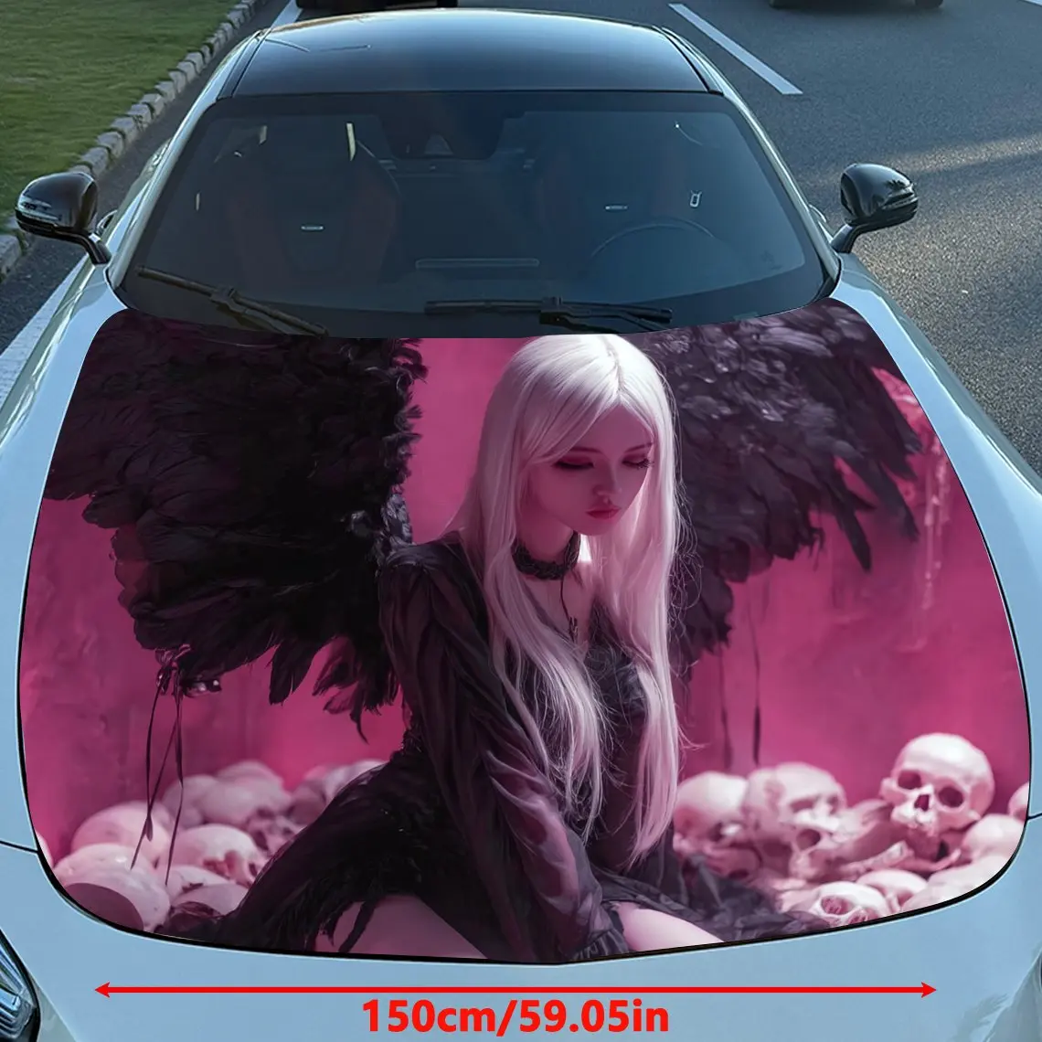 Pink Haired Beautiful Demon Car Hood Sticker PVC Self Waterproof Stick, Striking Auto Exterior Accessories Decor Protect Gift fo