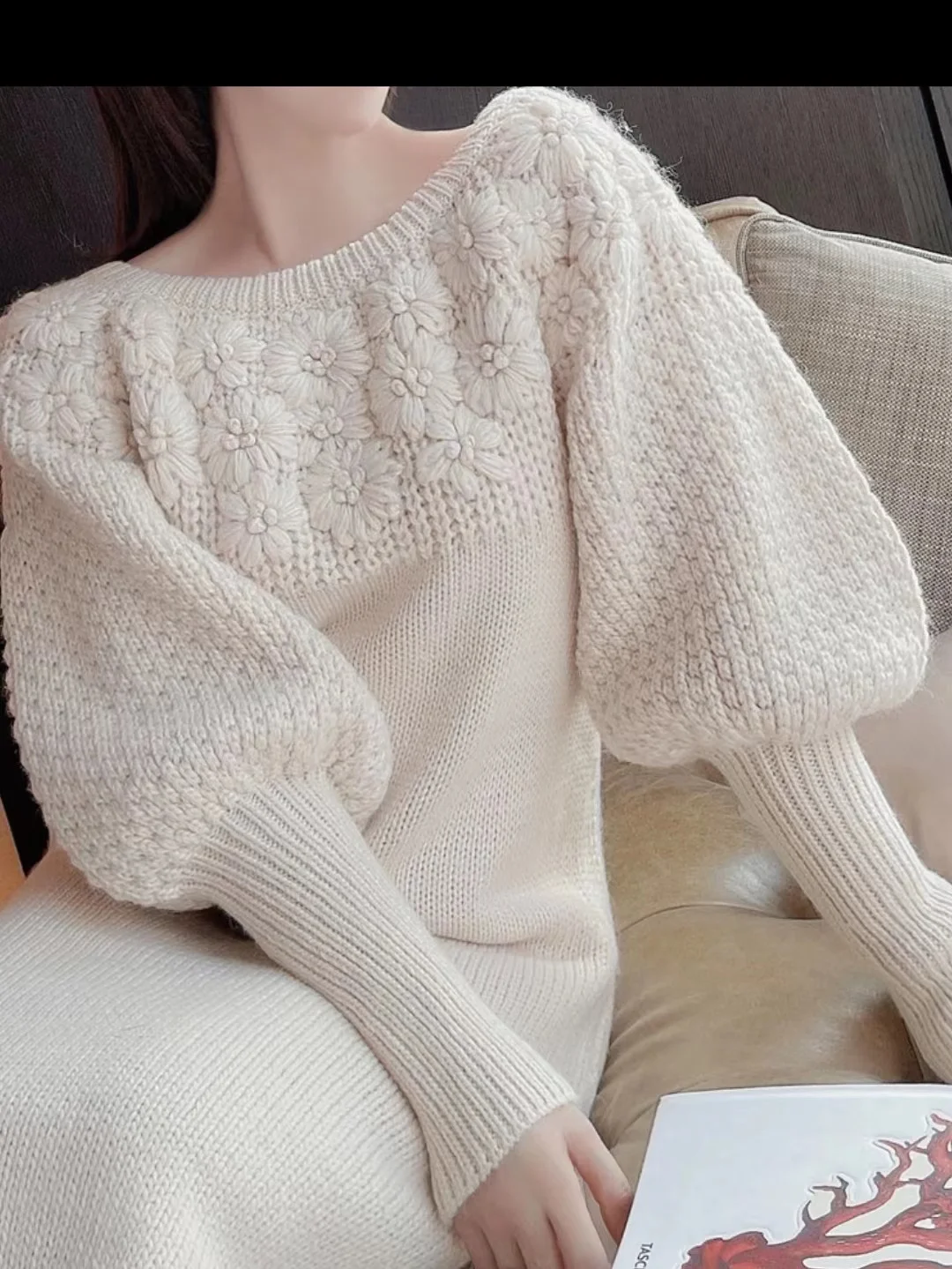 

Women Autumn Winter Vintage Sweater Knitted Dress Embroidery Flower A Line Warm Casual Lantern Sleeve Solid Dress X571