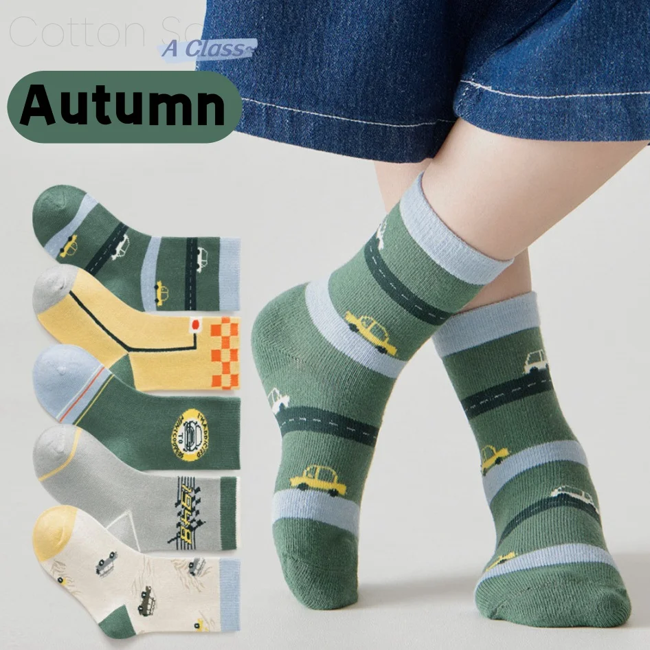 5 Pairs Baby Socks Cute Racing Car Socks Boys Mid -calf Socks Kids Autumn Winter Cotton Socks 5packs