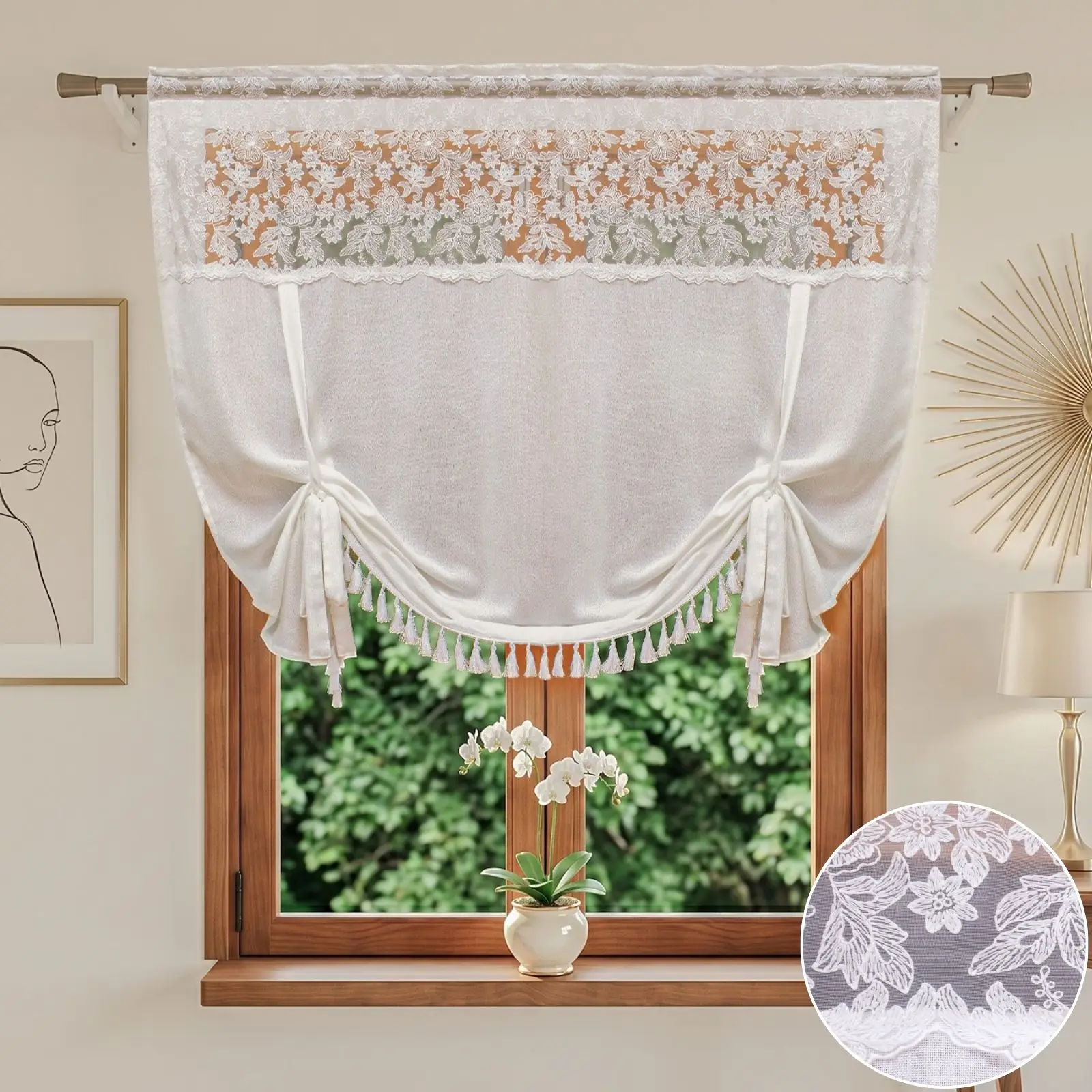 1 Stück floraler Spitzen-Ballon-Vorhang mit Quasten, halbtransparenter Fenstervorhang, für Küche und Wohnzimmer, süßes Einweihungsgeschenk