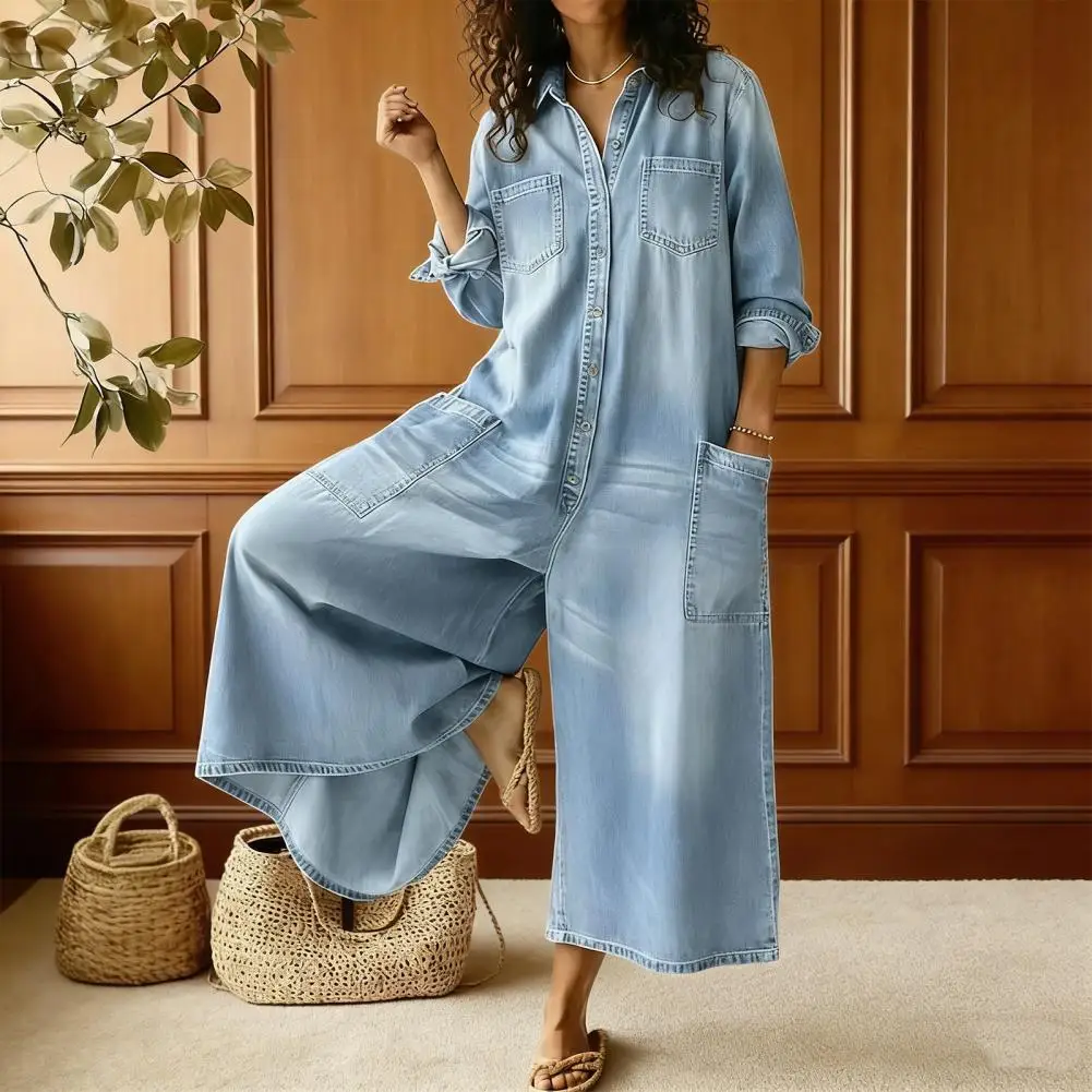 Women's Oversized Denim Jumpsuit Long Sleeve Button Front Long Jeans Romper One Piece Wide Leg Overalls with Pockets