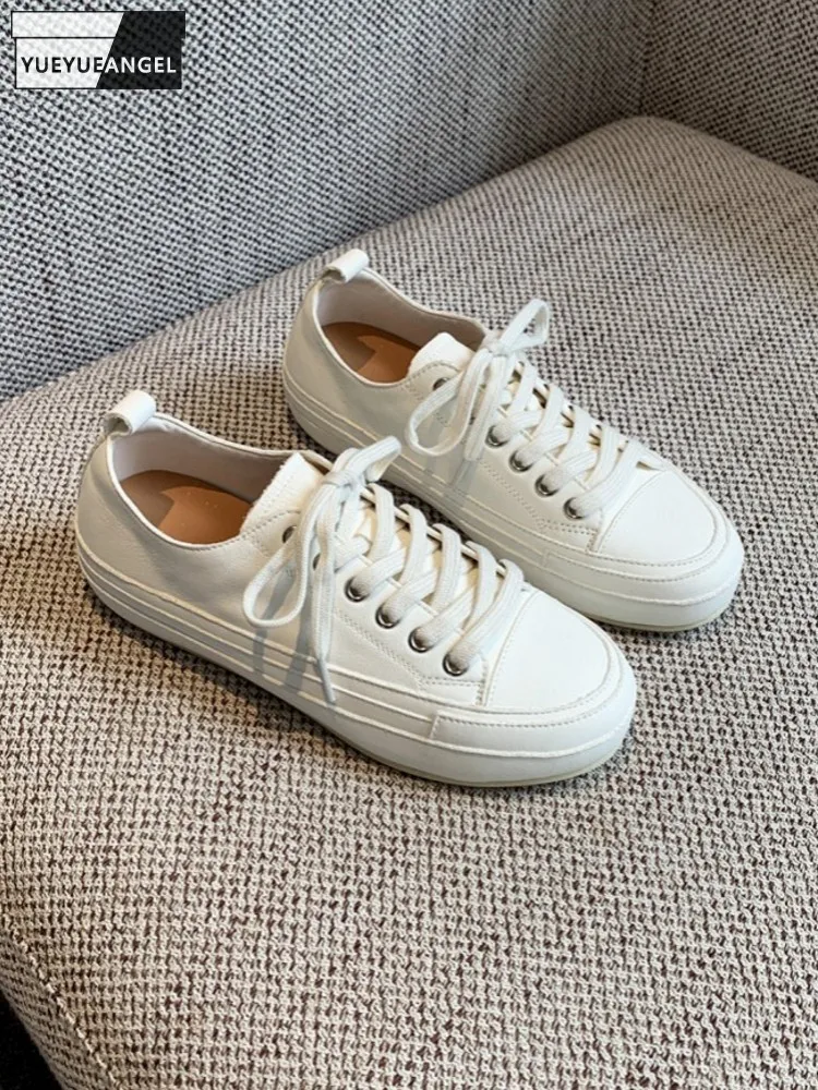 Fashion Women Comfortable Lace-Up Genuine Leather Pumps Thick Soled Casual Shoes Hot Sale Round Toe Ladies Skateboard Footwear