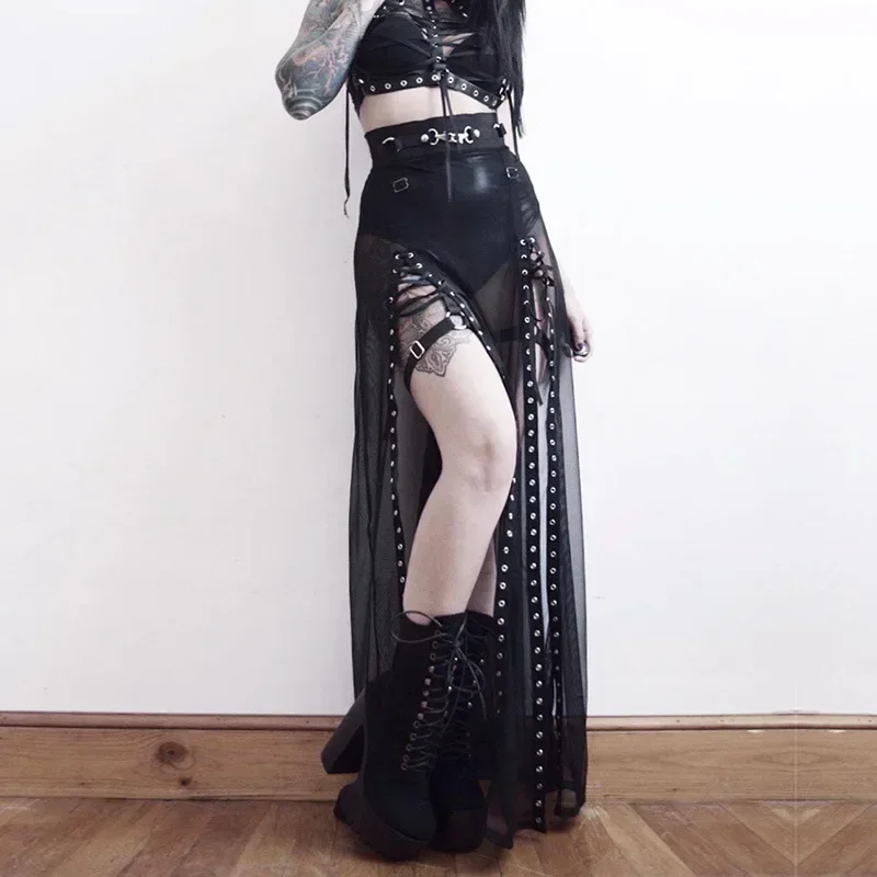 Grunge Harajuku Punk Black Hollow Out Skirt Y2K Patchwork Eyelet Split Long Skirt Aesthetic Gothic Summer Sexy Night Club Skirts