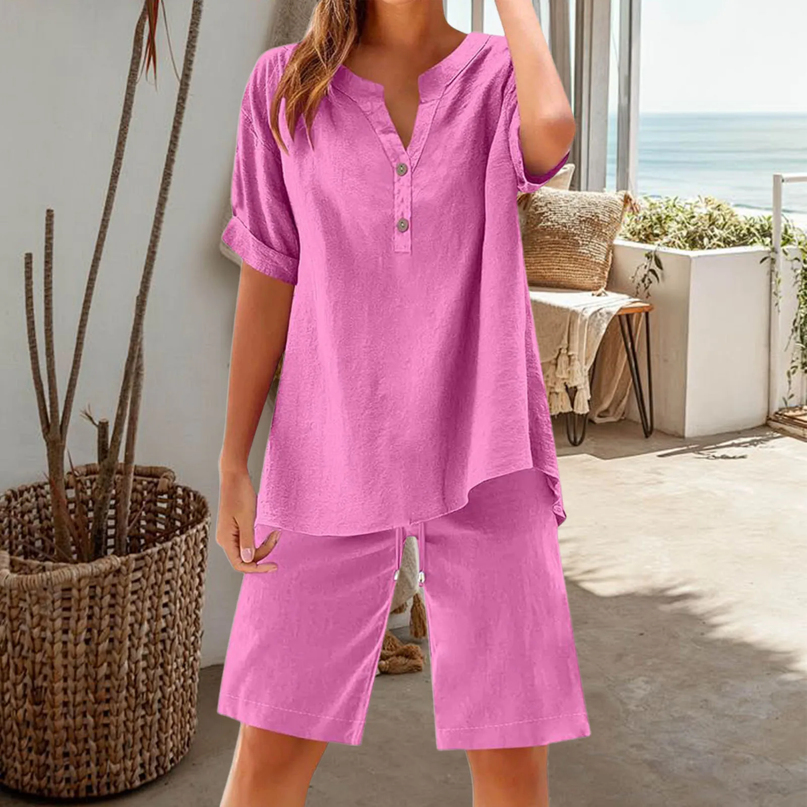 Women\'s Casual Suits Stylish Women\'s Cotton Linen Summer Suit with Wide Leg Pants Casual Loose Fit Two for Ladies for Summer