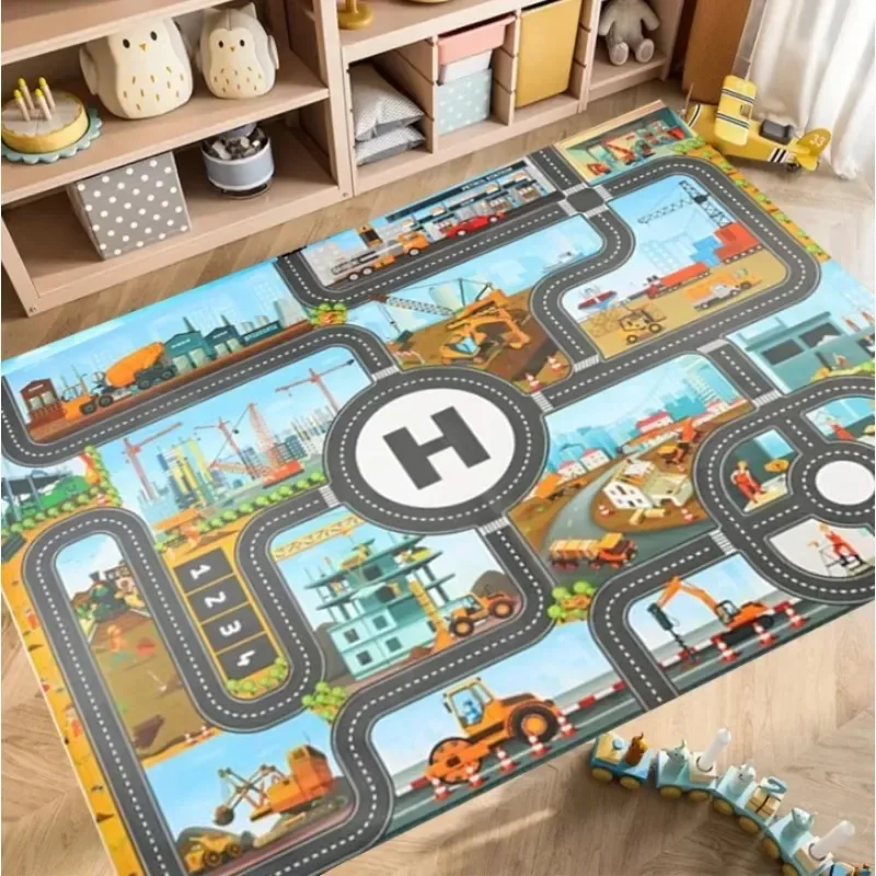 Children's Carpet Map Track Anti Slip Classroom Bedroom Game Room Road Automotive Education Area Carpet Retro Home Decoration