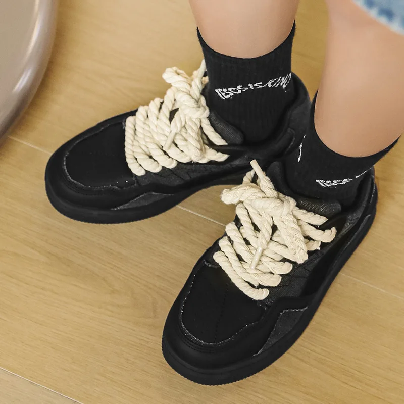 Original Design Curb Sneakers for Women Fashion Style Black Shallow Thick Laces Classic Trainers Shoes Non-slip Sport Unisex