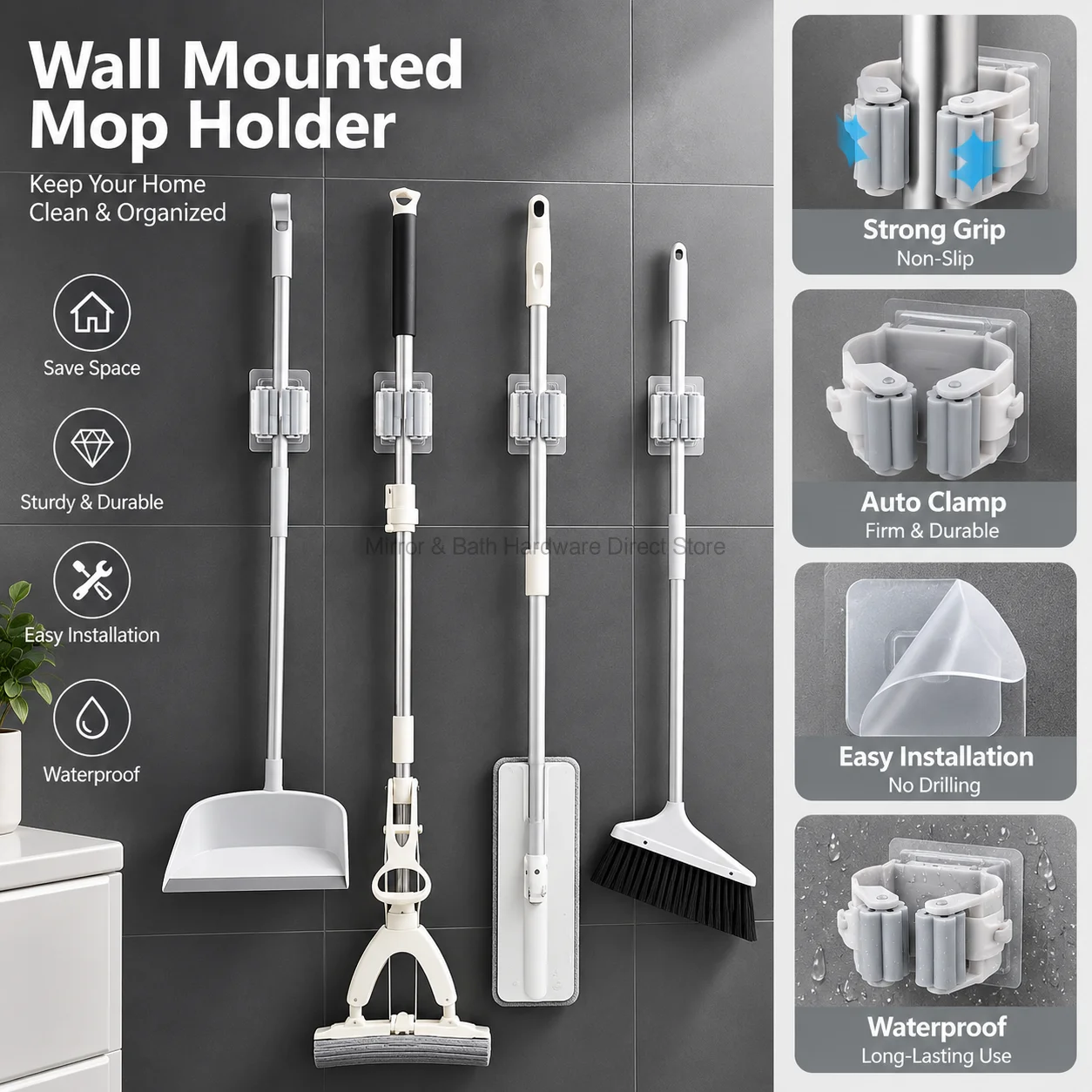 Wall Mounted Mop Broom Holder Self Adhesive No Drill Storage Rack Waterproof Cleaning Tool Organizer for Bathroom Home