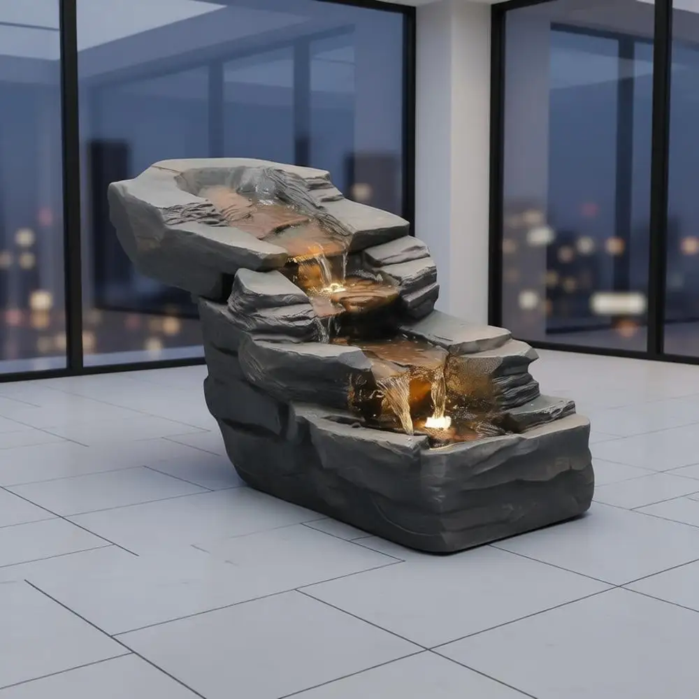 Fuente de cascada de roca de selva tropical de 3 niveles, iluminada por LED, 30 de largo para espacios al aire libre