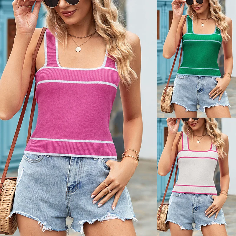 Summer Women's Crop Top 2024 New Knitted Sweater Short Cropped Vest Women's Summer Top Contrast Casual Camisole Top Women