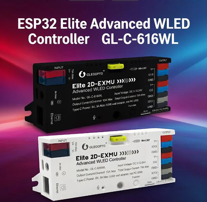 (GL-C-616WL) Elite Advanced WLED Controller ESP32 Music Reactive Ethernet Port 5-24V Addressable LED Strip Controller