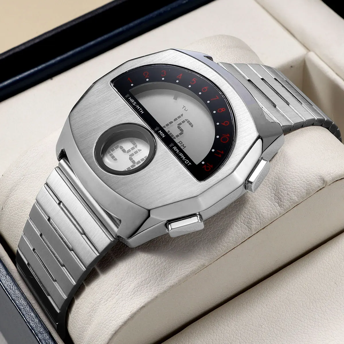 

Digital Watch for Men Stainless Steel Band Dual Display Electronic Wristwatch with Alarm Waterproof Sports Watch Daily Casual