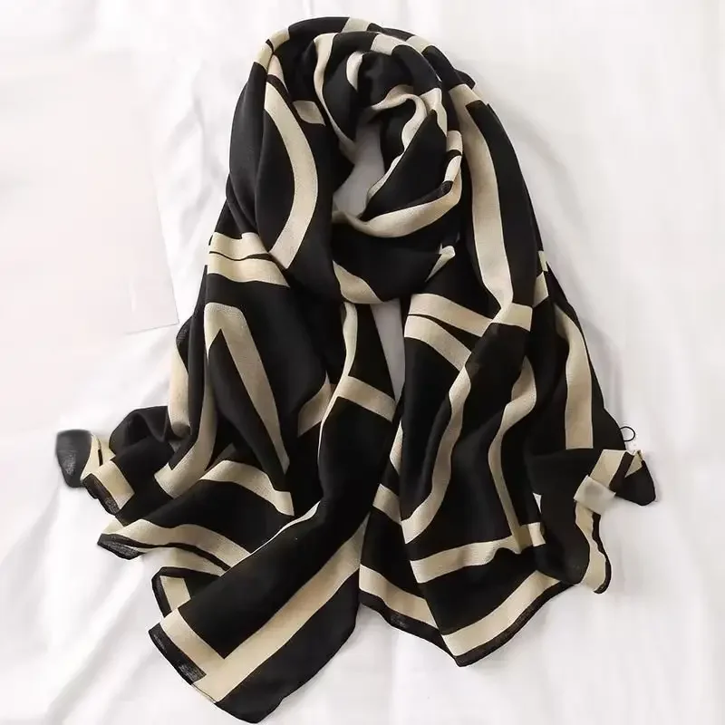 Classic Black White Striped Scarf Elegant Thin Breathable Silky Shawl Spring Summer Sunscreen Soft Beach Towel