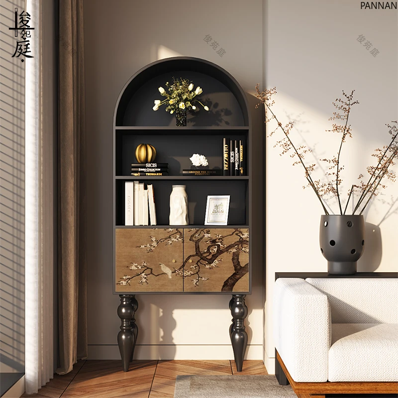 

American retro flower and bird solid wood bookcase living room storage bucket cabinet decorative storage side cabinet