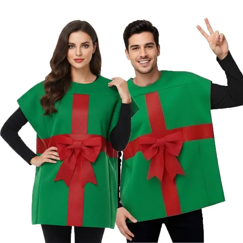 Coffret cadeau de Noël pour adultes, costume de cosplay, tenue verte avec nœud rouge pour Halloween, Noël, fêtes de fin d'année, accessoires de déguisement.