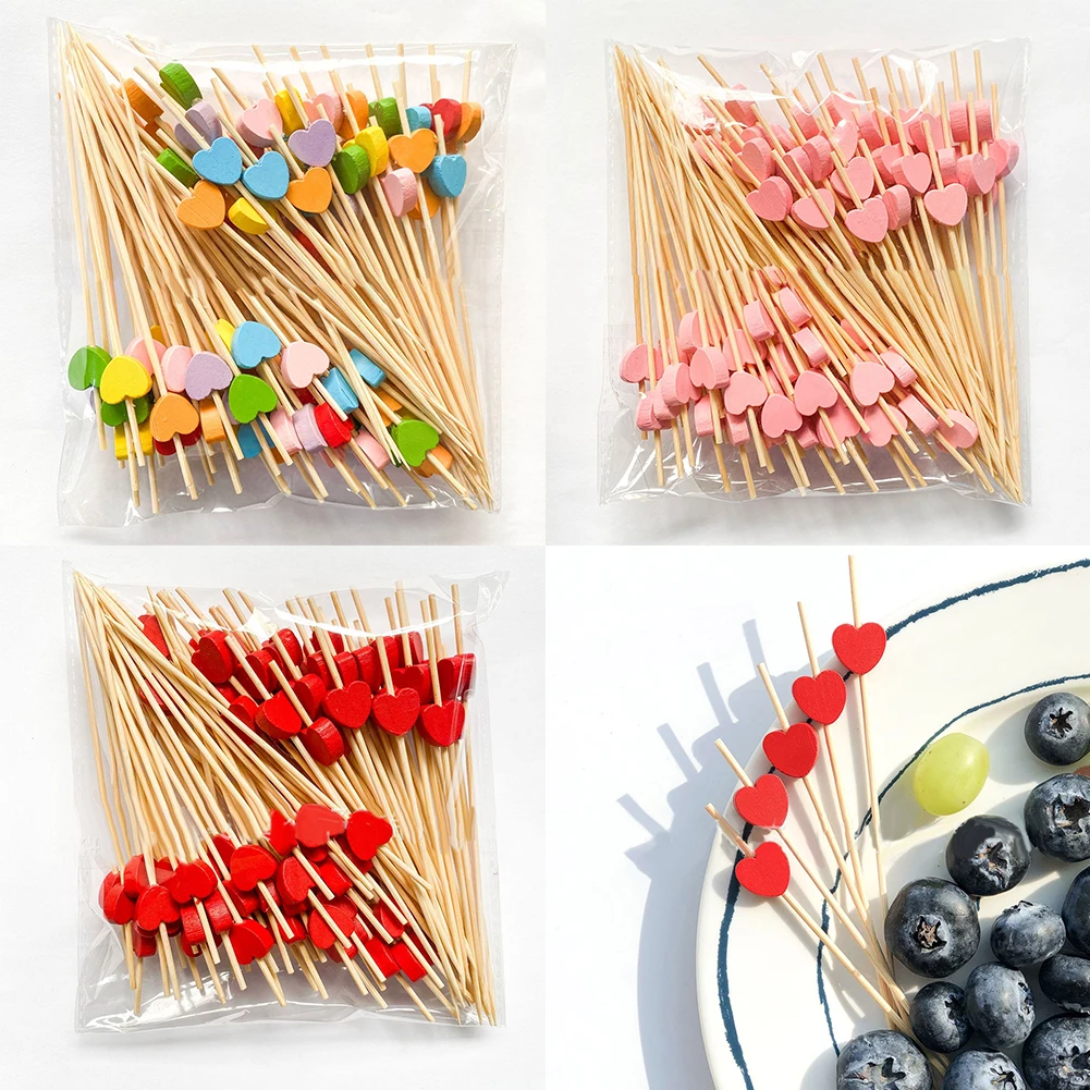 100PCS 12cm Heart Beads Bamboo Fruit Sticks Buffet Cupcake Fruit Fork Dessert Salad Cocktail Sticks Sandwich Buffet Toothpicks