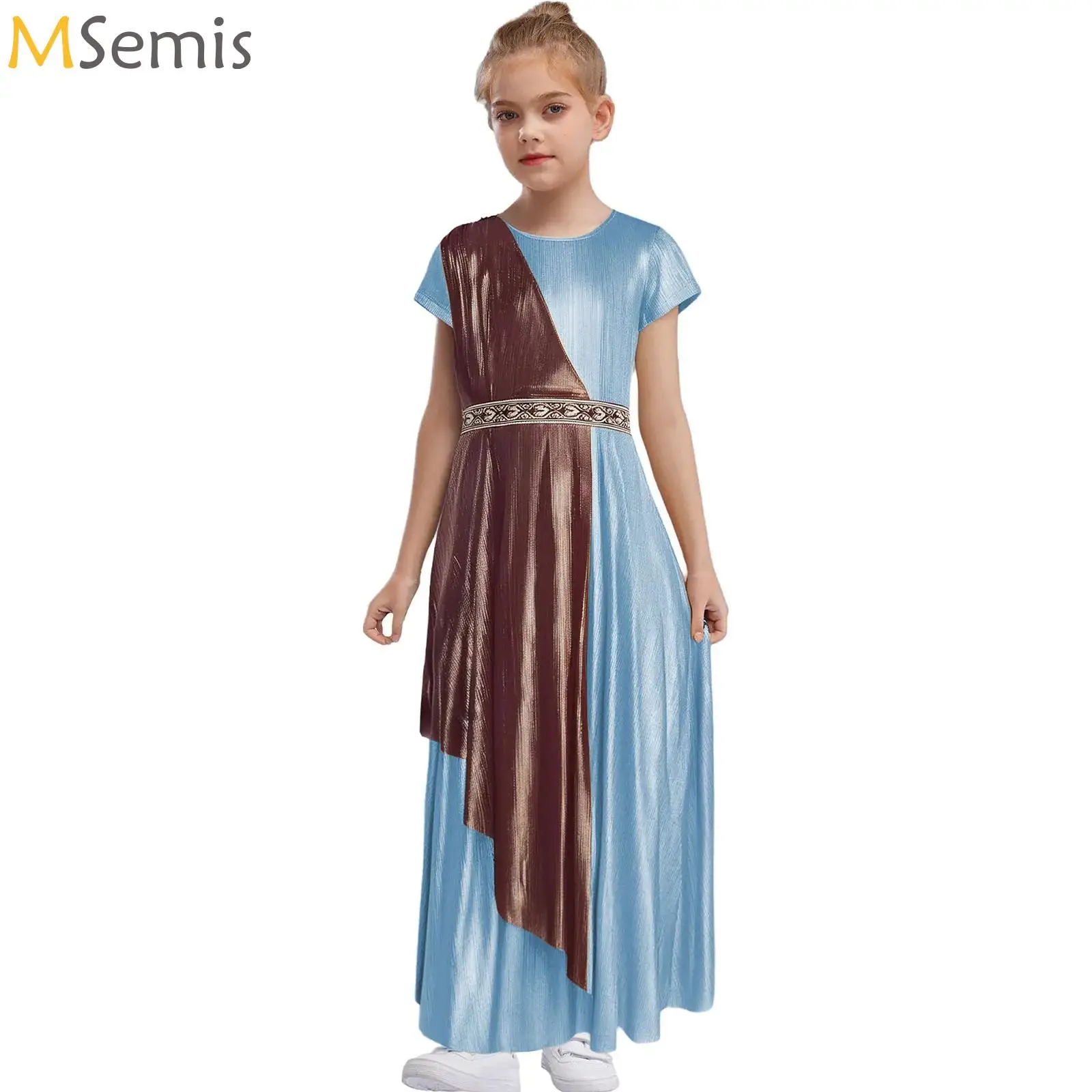 

Kids Girls Greek Toga Robe Short Sleeve Drape Vintage Metallic Shiny Dress Ancient Roman God Cosplay Costume for Halloween Party
