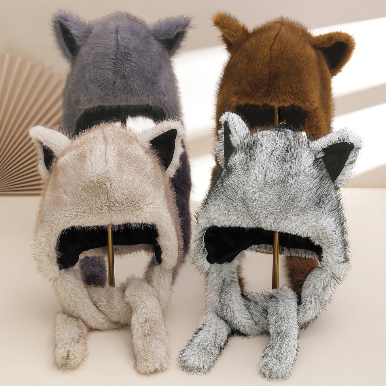 Autumn and winter outdoor cold protection and warmth thickened plush ear-protecting hat, long braid scarf hat imitating fox fur