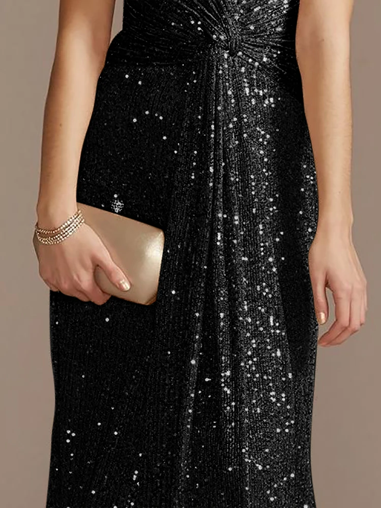 XUIBOL-Robe de Soirée Longue à Paillettes pour Femme, Tenue de Bal Formelle, Manches Courtes, Col en V, Maxi, Luxe, 2024