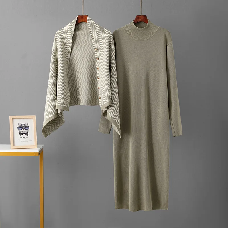 

ALPHALMODA 2025, Long-sleeved Dress + Knitted Long Shawl Jacket, Autumn, Winter, Women Fashion 2pcs Suit