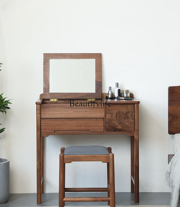 

New Chinese Style Black Walnut Solid Wood Dressing Table Integrated Small Flip Makeup Table