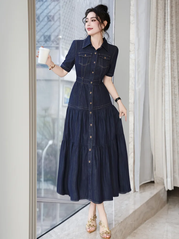 Vestido Jeans Feminino TIYIHAILEY 100% Algodão Longo até a Panturrilha com Botões, Gola Dobrável e Manga Curta para o Verão, Tamanhos M-4XL 2026