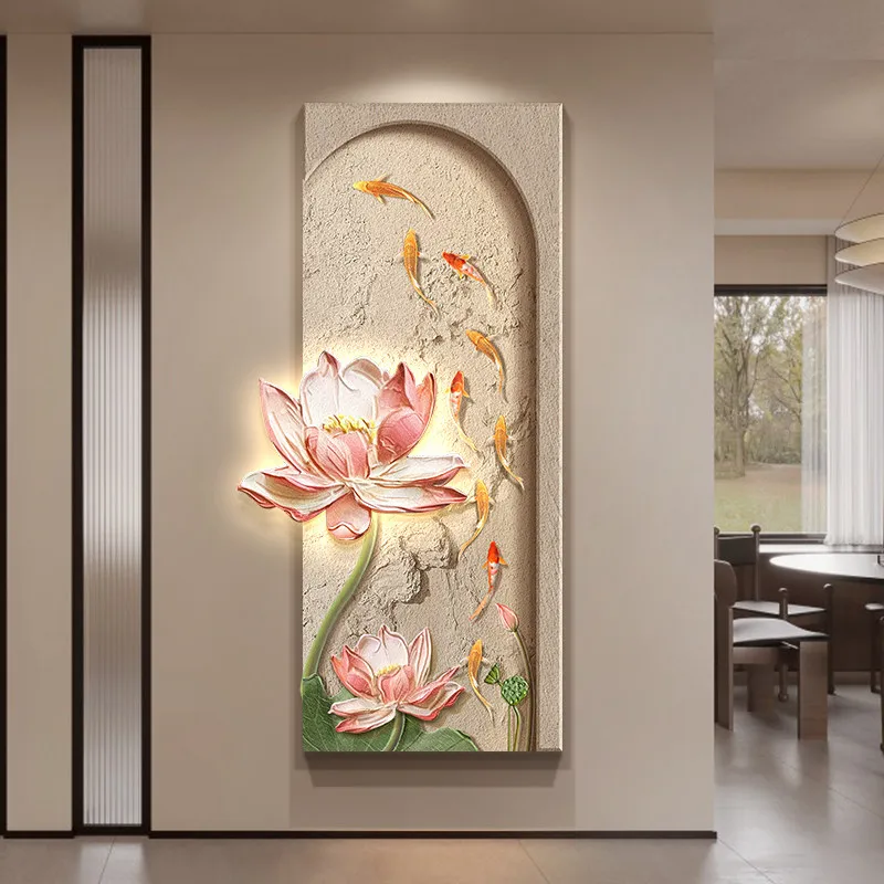 New Chinese Style Entrance Led Decorative Painting Lotus And Nine Fish Painting Home Decoration Living Room Corridor Mural Light