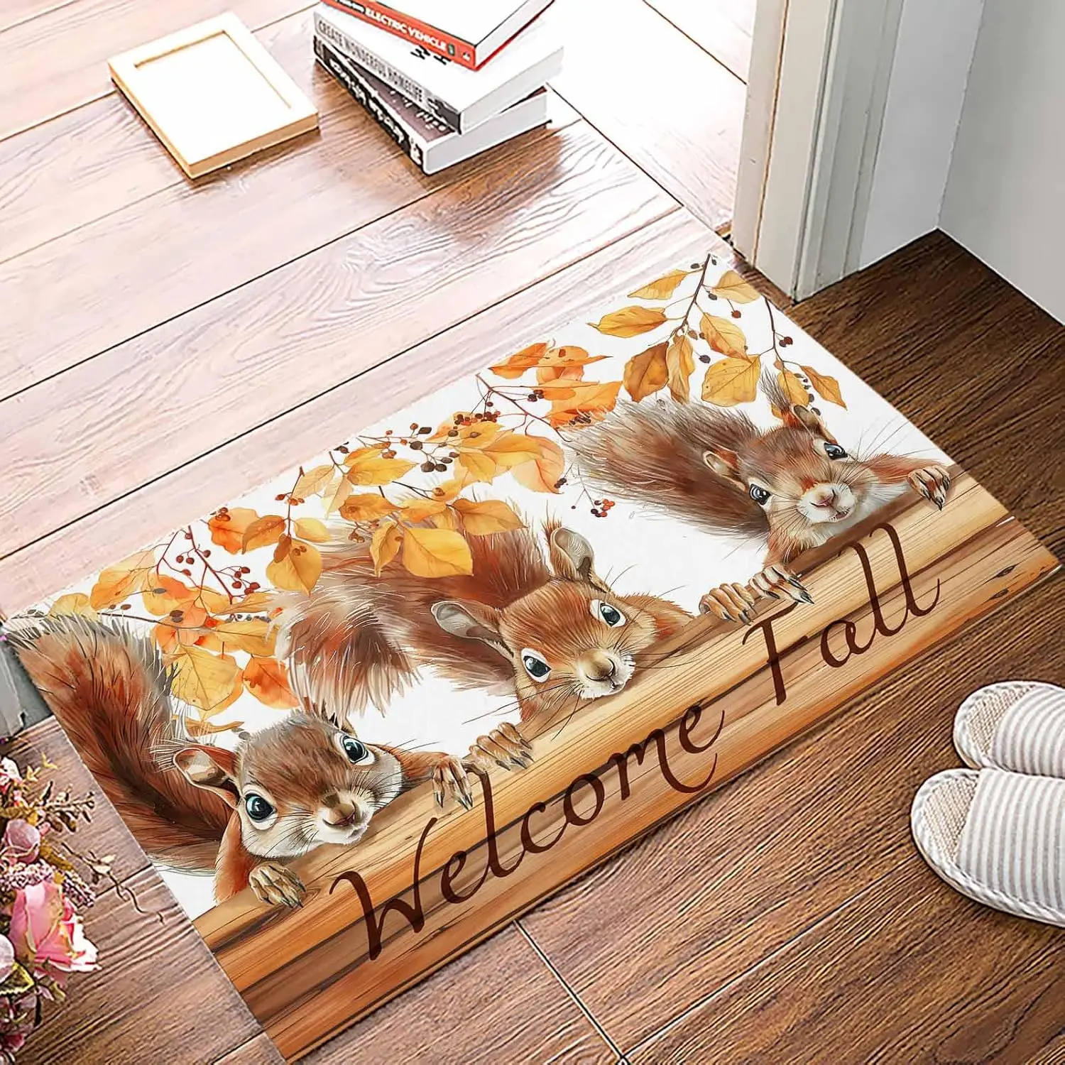 Fall Squirrel Maple Leaf Entrance Doormat Home Decor Non-Slip Corridor Balcony Rugs Kitchen Floor Mat Bathroom Door Mat Foot Mat