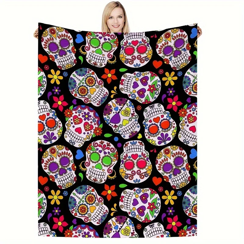 1pc, Flannel Creative Skull Print Blanket Comfortable And Soft Suitable For Adults And Children Multiple Specifications Four Sea