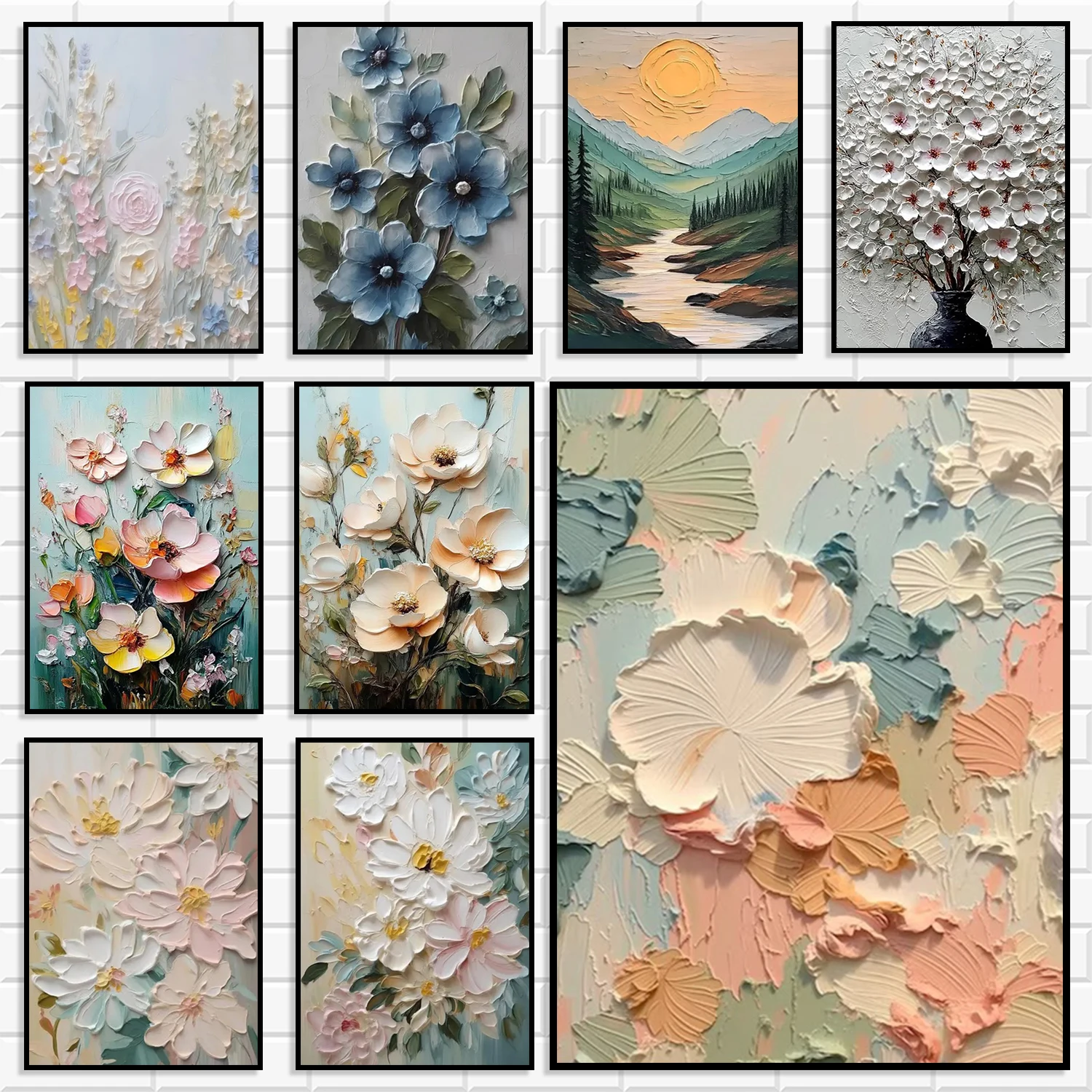 Soft Pastel Impasto Canvas Poster Thick Textured Brush‑Stroke Floral Flower Mountain River Landscape Wall Art for Home Decor