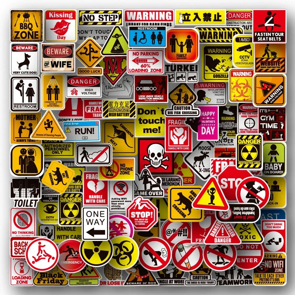 10/25/50/100pcs Cartoon Warning Stickers Danger Banning Skateboard Guitar Laptop Motorcycle Car Classic Toy Cool Decals Sticker